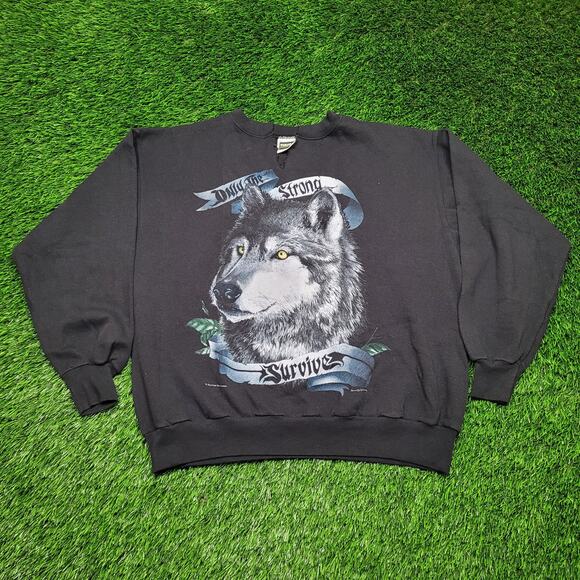 Vintage 90s "Only The Strong Survive" Wolf Sweatshirt Mens XL Baggy Boxy Fit - Picture 2 of 14